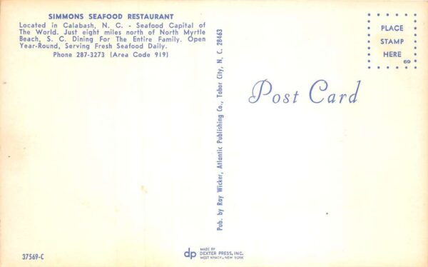 Calabash North Carolina Simmons Seafood Restaurant Vintage Postcard AA98350 - Image 2