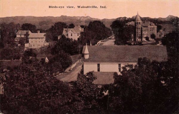 Wolcottville Indiana Birds-Eye Town View, B/W Lithograph, Vintage PC U22426