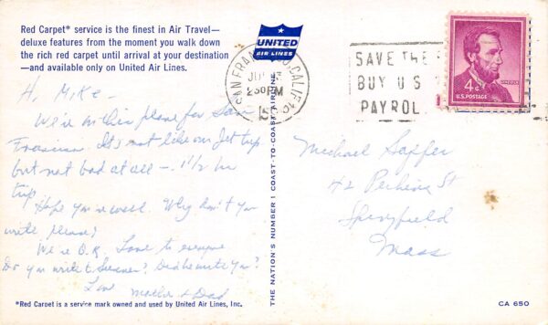 United Airlines, Red Carpet Service Vintage Postcard U22513 - Image 2