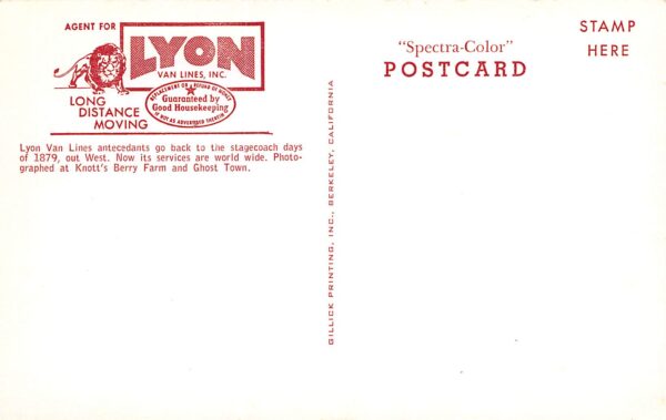 Buena Park California Lyon Van Lines,Knott's Berry Farm,Ghost Town, PC U22523 - Image 2