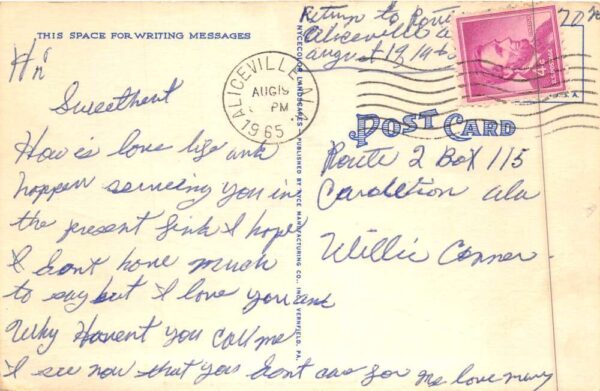 Aliceville Alabama Greetings Scenic Road Vintage Postcard AA90183 - Image 2