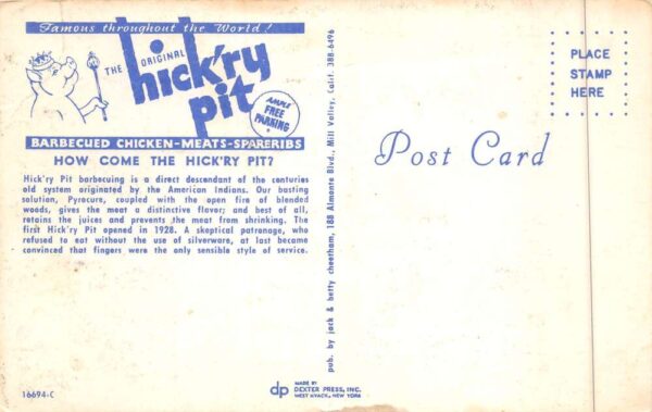San Francisco California Hick'ry Pit Barbecue Restaurant Postcard AA90190 - Image 2