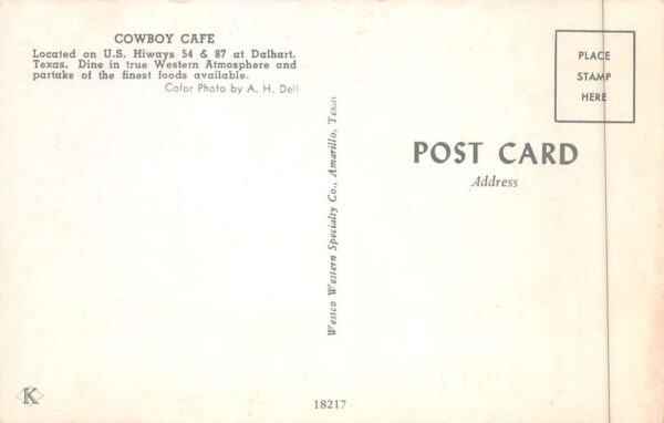 Dalhart Texas Cowboy Cafe Vintage Postcard AA90204 - Image 2