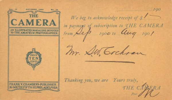 The Camera Photography Magazine Subscription Receipt Private Mail PC AA90246