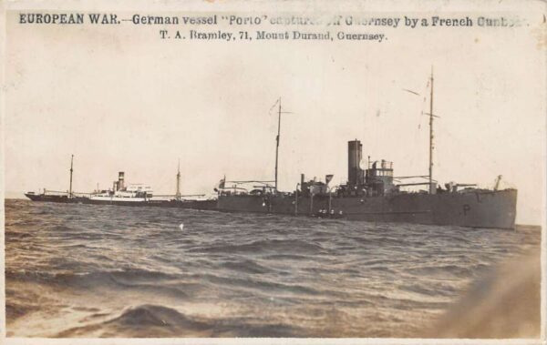European War German Ship Poplo Captured by French Gunboat Real Photo PC AA90253