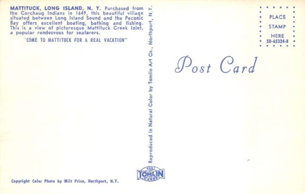 Mattituck Long Island New York Creek Inlet Harbor Sailboats Postcard AA90537 - Image 2