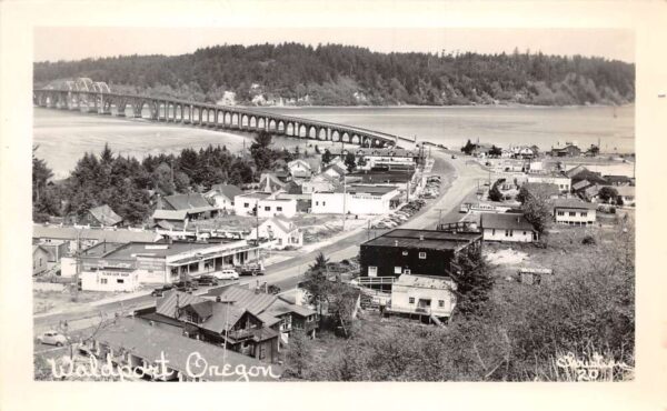Waldport Oregon Birds Eye View Town and Bridge Real Photo Postcard AA90561