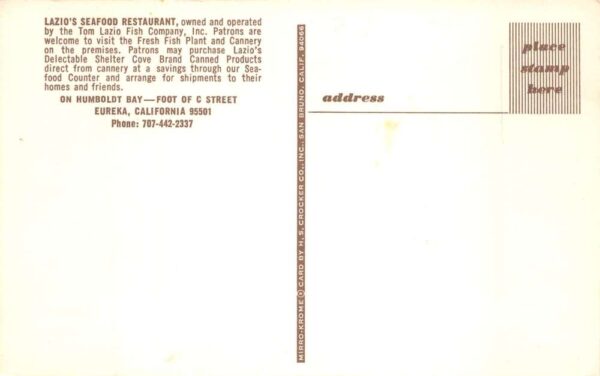 Eureka California Lazios Seafood Restaurant Dining Room Vintage Postcard AA90617 - Image 2