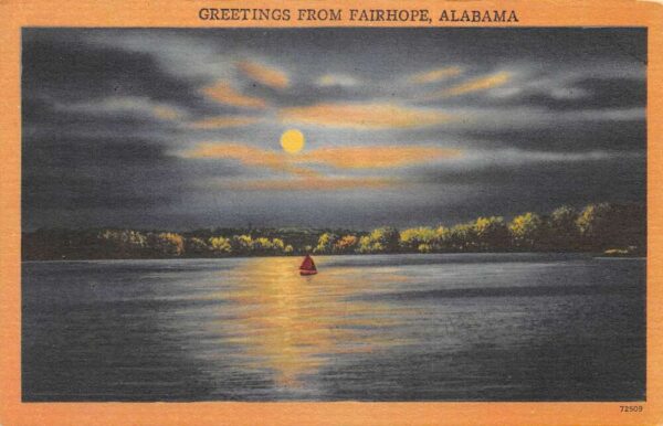 Fairhope Alabama Greetings Sailboat at Night Scenic View Postcard AA90623