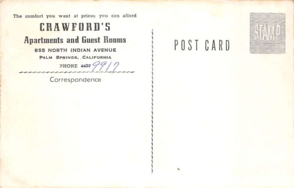 Palm Springs California Crawfords Apartments and Guest Rooms Postcard AA90626 - Image 2