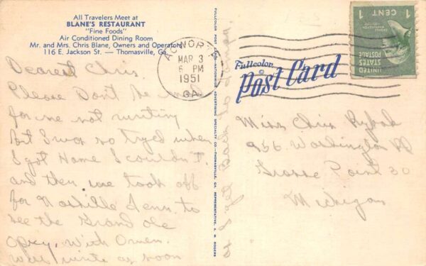 Thomasville Georgia Blanes Restaurant Dining Room Vintage Postcard AA90707 - Image 2