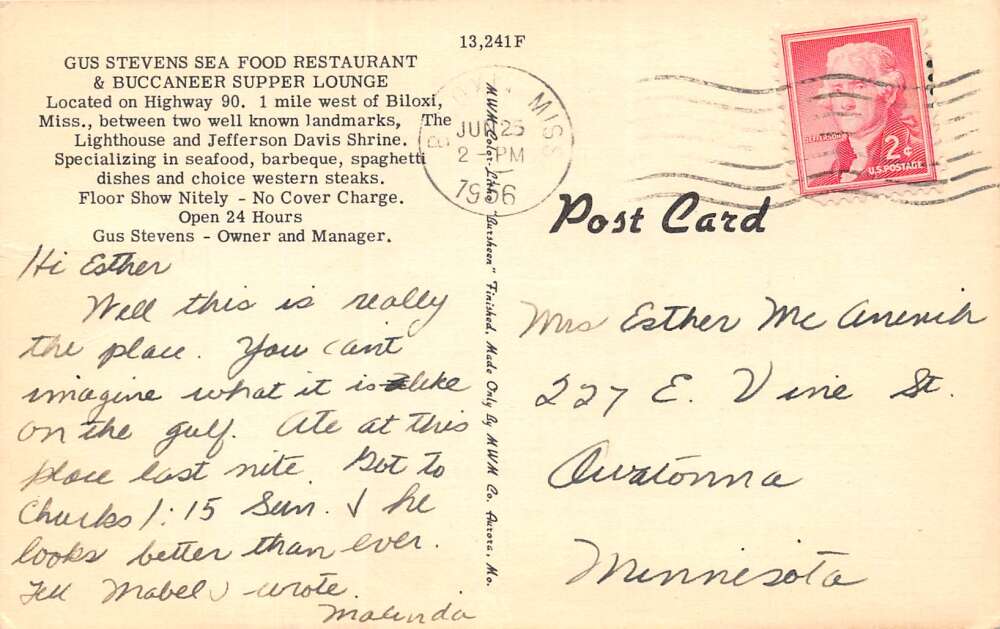 Biloxi Mississippi Gus Stevens Seafood Restaurant, Multi-View Linen, PC U21278 - Image 2