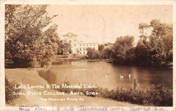 Ames Iowa Lake Laverne, Iowa State College, Real Photo, Vintage Postcard U21289