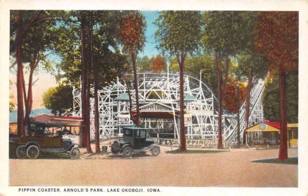 Lake Okoboji Iowa Pippin Coaster, Arnold's Park, White Border, Vintage PC U21315