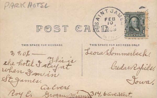 St. James Minnesota Park Hotel, Real Photo, Vintage Postcard U21332 - Image 2