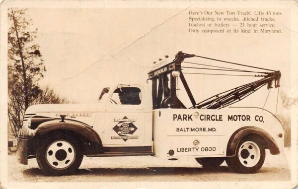 Baltimore Maryland Park Circle Motor Co Tow Truck Real Photo Postcard AA90752
