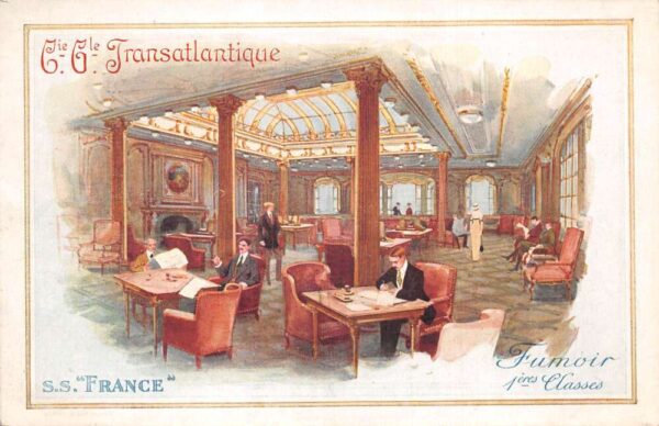 Transatlantique Line SS France Steamer 1st Class Smoking Room Postcard AA90758