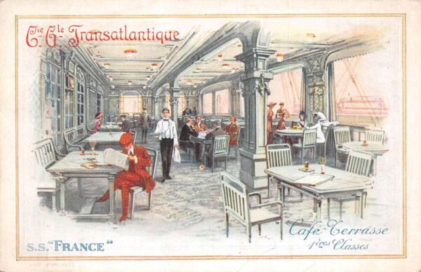 Transatlantique Line SS France Steamer Cafe Terrasse Vintage Postcard AA90760