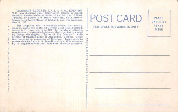 Edenton North Carolina Unamity Lodge Masonic Lodge Room Vintage Postcard AA90770 - Image 2