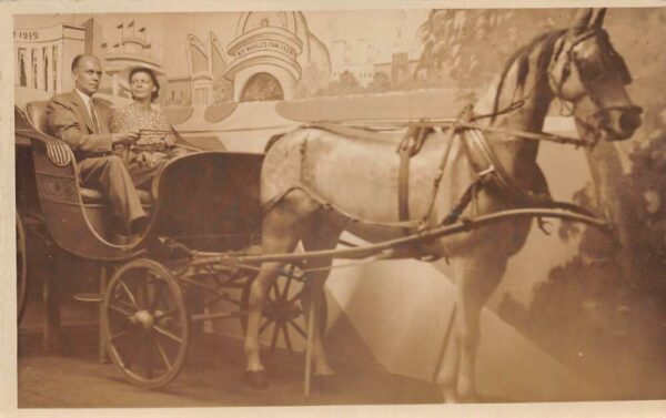 1939 New York Worlds Fair Couple in Horse Carriage Studio Real Photo PC AA90776