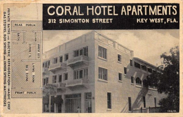 Key West Florida Coral Hotel Apartments Vintage Postcard AA90837