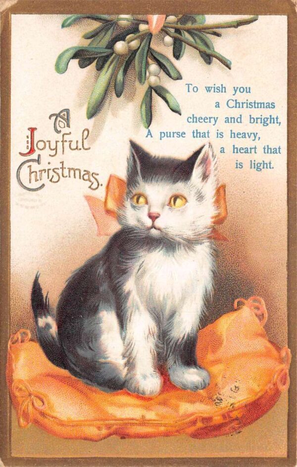 Christmas Greetings Cat sitting on Pillow Mistletoe Vintage Postcard AA90852