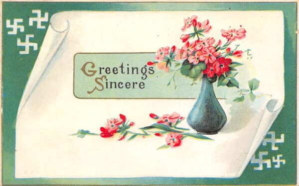 Sincere Greetings Pink Flowers in Vase Swastika Vintage Postcard AA90925