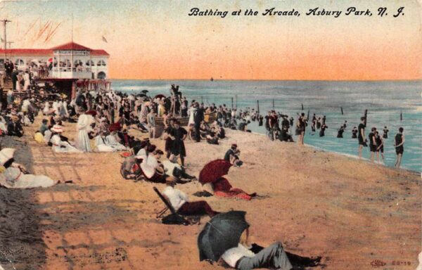 Asbury Park New Jersey Bathing at the Arcade Beach Scene Postcard AA90943