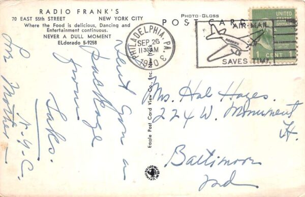New York City Radio Frank's Restaurant Interior Vintage Postcard AA90947 - Image 2
