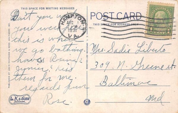 Buckroe Beach Virginia Hotel Lawn and Bath House Vintage Postcard AA90961 - Image 2