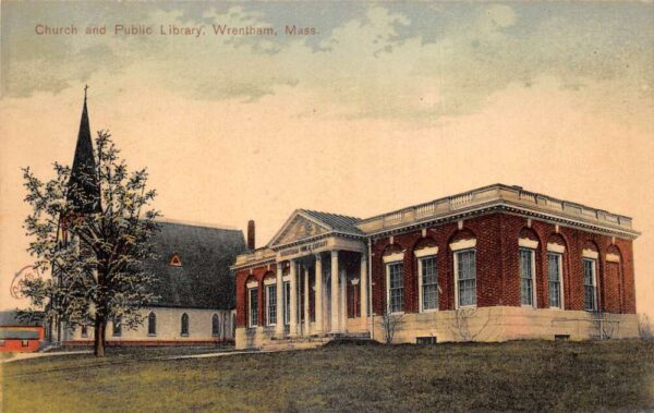 Wrentham Massachusetts Church and Public Library Vintage Postcard AA90982