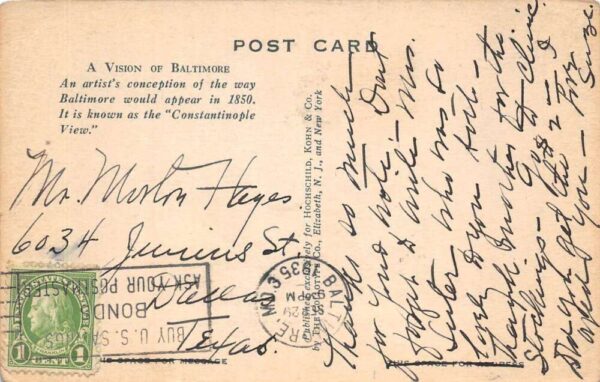 Baltimore Maryland in 1850 Constantinople View Vintage Postcard AA90990 - Image 2
