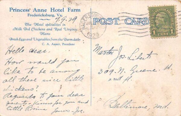 Fredericksburg Virginia Princess Anne Hotel Farm Vintage Postcard AA90998 - Image 2