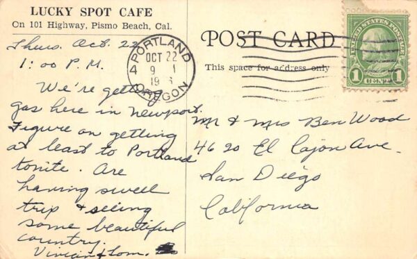 Pismo Beach California Reswell Cabins Lucky Spot Cafe Vintage Postcard AA91070 - Image 2