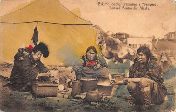 Seward Penisula Alaska Eskimo Cooks preparing a Banquet Postcard AA91083