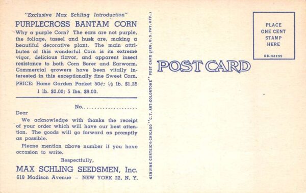 Max Schling Seedsman Purplecross Bantam Corn Food Ad Farming Postcard AA91117 - Image 2
