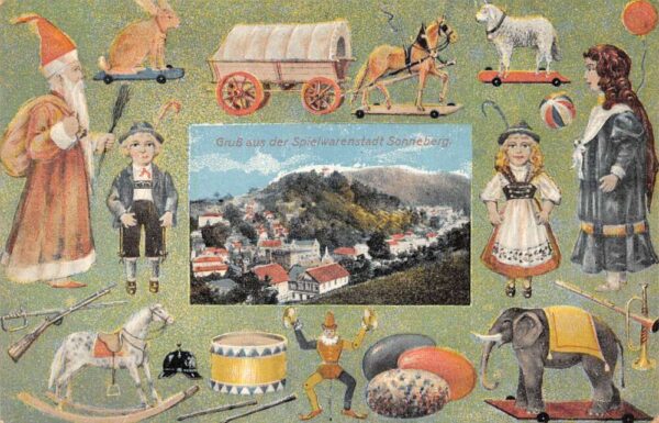 Sonneberg Germany Childrens Toys and City View Grus aus Vintage Postcard AA91124
