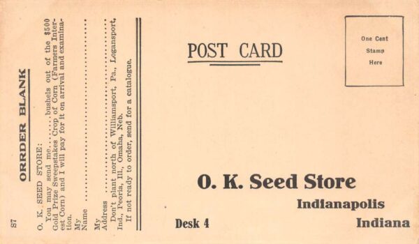 Indianapolis Indiana OK Seed Store Corn Seed Ad Farming Postcard AA91135 - Image 2