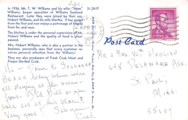 Savannah Georgia Williams Seafood Restaurant Vintage Postcard AA91137 - Image 2