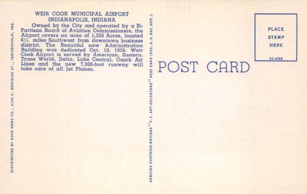Indianapolis Indiana Weir Cook Municipal Airport Linen Vintage Postcard AA91201 - Image 2