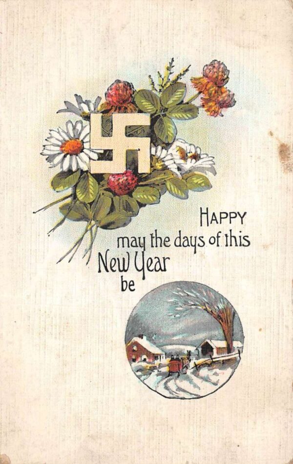 New Year Greetings Flowers and Swastika Vintage Postcard AA91223