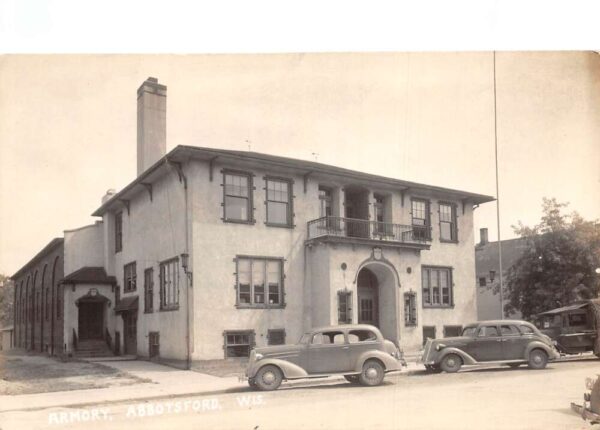 Abbotsford Wisconsin Armory and Street Scene Real Photo Vintage Postcard AA91235