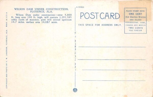 Florence Alabama Wilson Dam under Construction Vintage Postcard AA91248 - Image 2