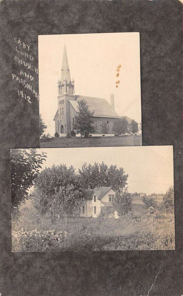 Stockholm Wisconsin Sabylund Lutheran Church and Parsonage Real Photo PC AA91561