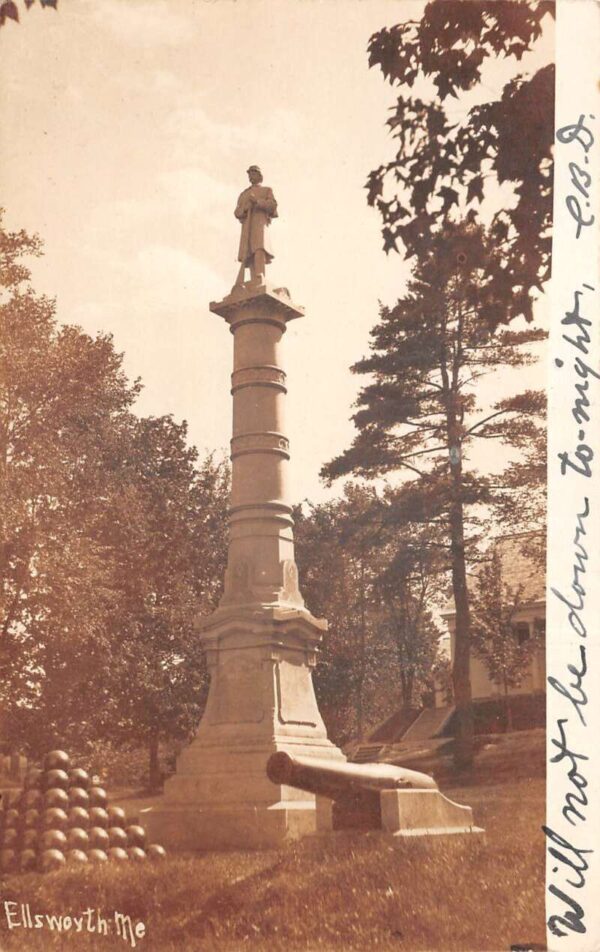 Ellsworth Maine Civil War Monument and Cannon Real Photo Postcard AA91747