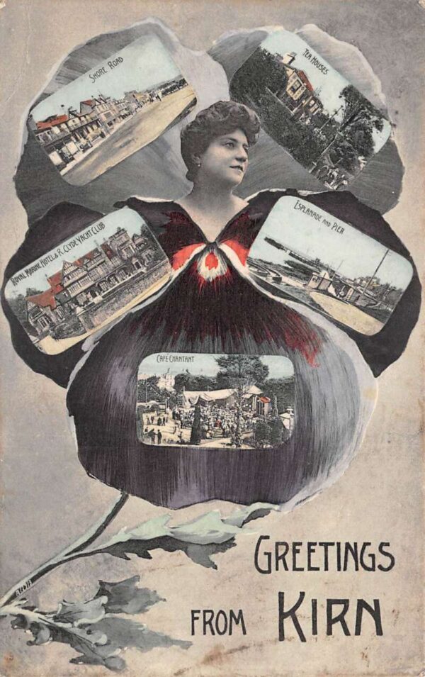 Kirn Scotland Greetings Multiview Buildings Flower Lady Postcard AA91759