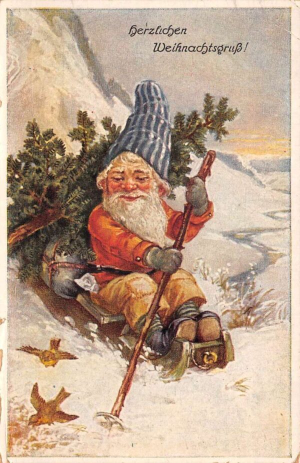 German Christmas Greetings Gnome on Sled Vintage Postcard AA91765