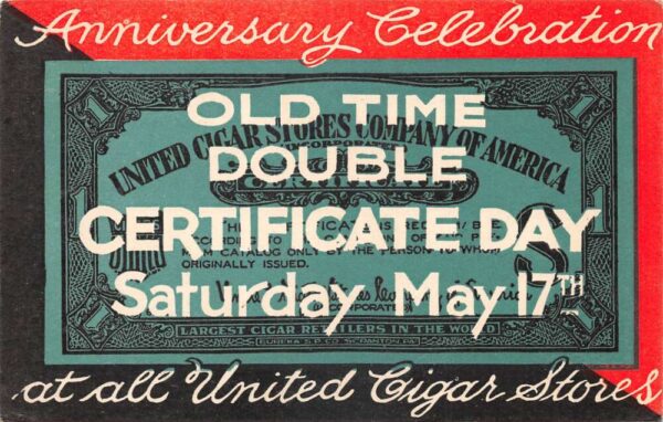 United Cigar Stores Anniversary Celebration Certificate Day Postcard AA91925