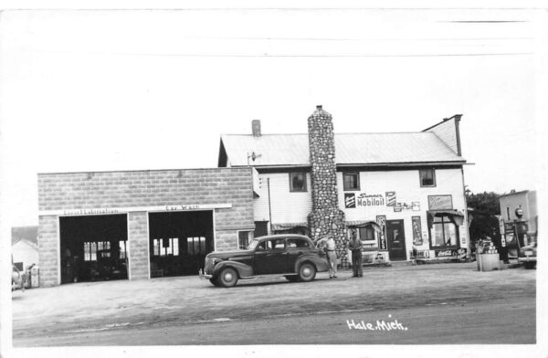 Hale Michigan Gas Station Mechanic Coke Sign Real Photo Postcard AA91931