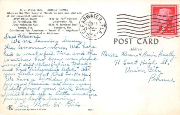 Florida CJ Stoll Mobile Homes Trailer Sales Dealership Vintage Postcard AA91994 - Image 2